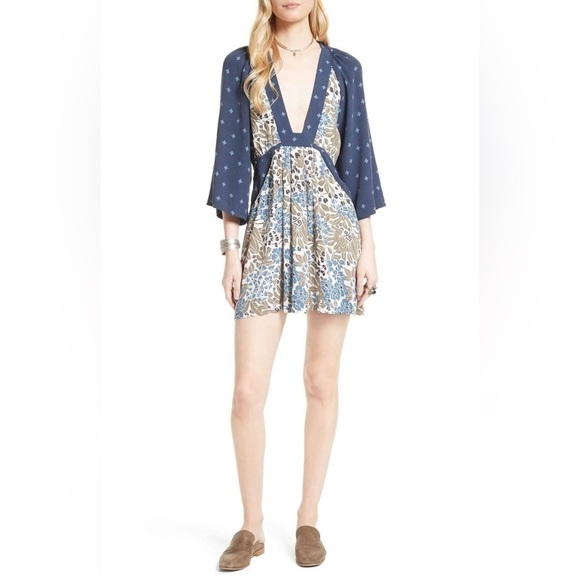 Free People Womens Talulla Boho Blue Mix Printed 3/4 Sleeve Dress Size XS - Picture 1 of 12